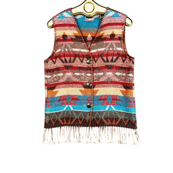 Womens Fall Soft Wool Blend Blanket Vest Fringe Western Aztec Pattern Outerwear - Picture 10 of 10